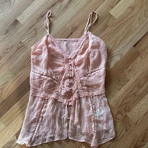 Free People Blush Pink Lace Trim Blouse
